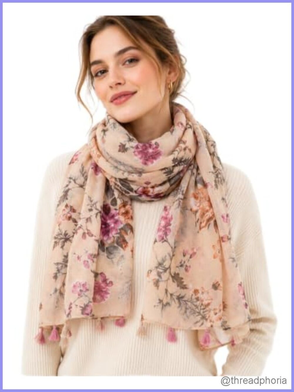 Large Boho Scarf for Women Lightweight Floral Voile Shawl Wrap Fringed